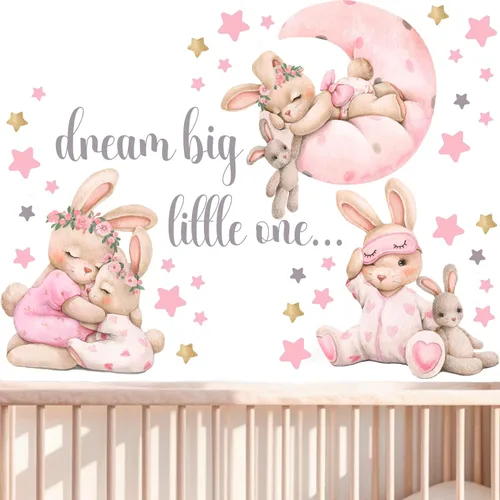 Adhesivos de pared rosa con conejos para guardería - Decoración de pared de conejo para habitación de bebé niña, adhesivos de animales para sala de