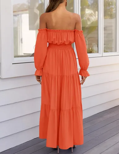 Miniatura 21 de ZESICA - Vestido largo, bohemio y sexy, con hombros descubiertos y manga larga fruncida, con elástico fruncido, cintura alta y abertura lateral