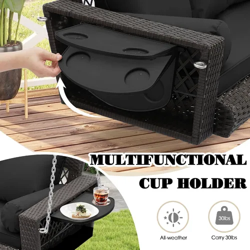 Miniatura 3 de Grepatio Columpio de mimbre para 3 personas, columpio de mimbre para patio, columpio de ratán al aire libre con cojín y almohada para jardín, patio