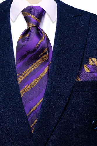 Miniatura 292 de Hi-Tie Corbatas de seda para hombre, diseño de cachemira a rayas, con bolsillo, gemelos cuadrados, conjunto formal de negocios