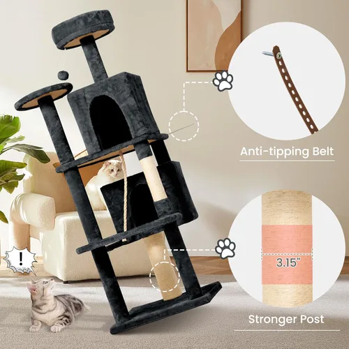 Miniatura 3 de Torre de 58.5 pulgadas para gatos de interior, casa de gato de felpa suave de varios niveles con 1 cueva giratoria de 360°, poste rascador, más Gris