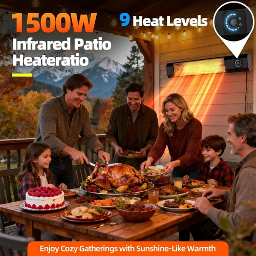 Miniatura 2 de Calentador eléctrico infrarrojo para patio de 34 pulgadas y 1500 W montado en la pared con control remoto y sensor de movimiento, 9 niveles