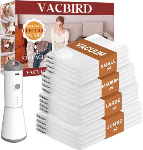 Miniatura 12 de Vacbird Bolsas de Vacío de Viaje con Bomba de Aire Inalámbrica Recargable, Paquete de 12 Bolsas de Almacenamiento al Vacío con Sellado para Ropa