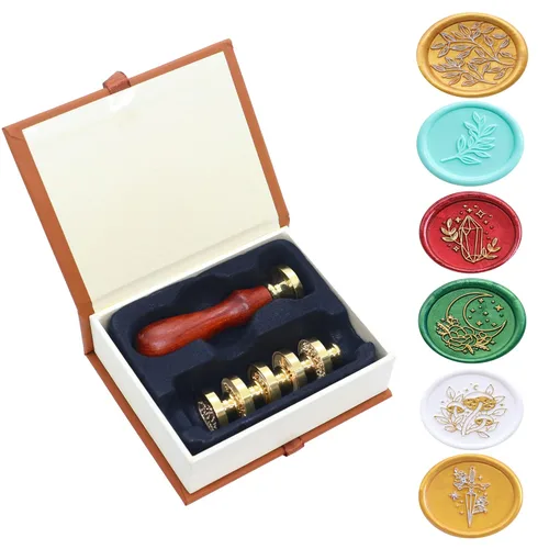 Miniatura 2 de SWANGSA Juego de sellos de cera, 6 piezas vintage con patrón de plantas de flores y 1 mango de madera para tarjetas de felicitación de boda, regalo