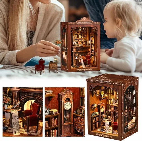 Miniatura 4 de Kits de rincón de libros para adultos, rompecabezas de madera 3D para casa de muñecas, estantería en miniatura para casa de muñecas, decoración