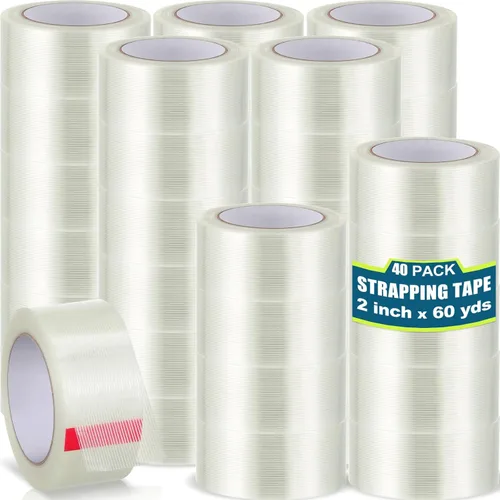 Treela 40 rollos de cinta de flejado a granel de 2 pulgadas x 60 yardas, cinta de filamento de fibra de vidrio de 5.5 mil, tiras de embalaje