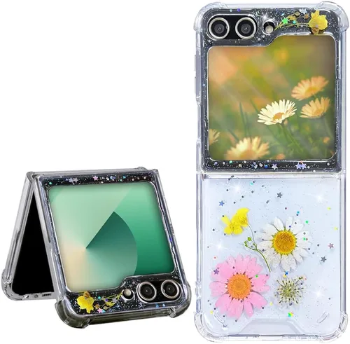 Miniatura 21 de Abbery Funda transparente para Samsung Galaxy Z Flip 3 5G, transparente y con diseño de purpurina bonita con purpurina floral prensada de Rosa