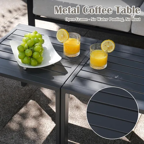 Miniatura 4 de Juego de muebles de ratán de 5 piezas, juego de conversación para todo tipo de clima con cojines grises cálidos y mesas auxiliares para jardín, Gris