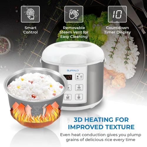 Miniatura 5 de Arrocera Clásica BUFFALO con Olla Interior de Acero Inoxidable Recubierto - Olla de Arroz Eléctrica para Arroz Blanco/Integral, Granos - Fácil