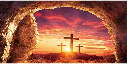 Miniatura 9 de Fondo de fotografía de tumba vacía de 6 x 4 pies, puesta de sol con luz sagrada, tres cruces en la montaña, Jesucristo, agujero de piedra, telón