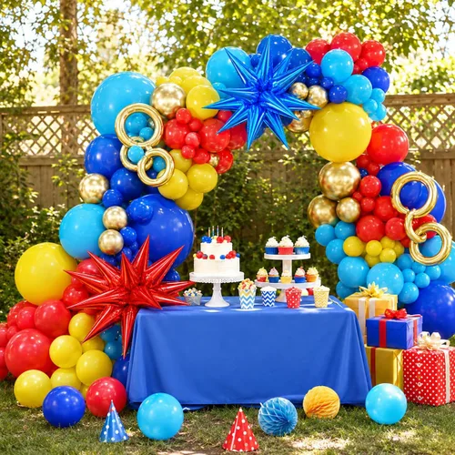 Miniatura 7 de Kit de arco de globos rojo, azul y amarillo, guirnalda de globos con temática de juegos de dibujos animados con globos de aluminio de estrella Rojo