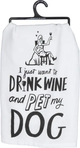 Primitives by Kathy 36921 LOL Made You Smile - Toalla de cocina, cuadrado de 28 pulgadas, Bebe vino y mascota a mi perro Bebe vino y acaricia a mi