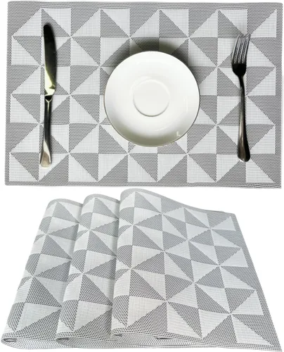 Miniatura 18 de Mantel individual de vinilo tejido duradero, lavable, resistente al calor, antideslizante, para cocina, comedor (juego de 4, azul con blanco)
