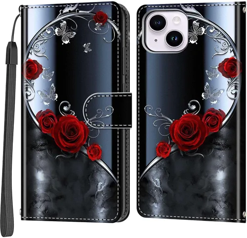 Funda tipo cartera para iPhone 14 Plus, con función atril, soporte para 3 tarjetas [carcasa interior de TPU a prueba de golpes], funda protectora