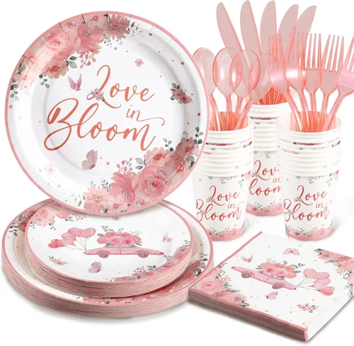 Miniatura 8 de Decoraciones de Ducha Nupcial en Oro Rosa, 168 Piezas de Platos y Servilletas para Despedida de Soltera, Platos de Papel Florales para 24, El Amor