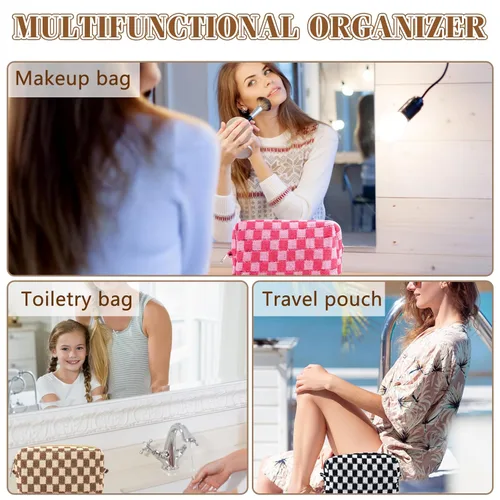 Miniatura 3 de ZLFSRQ Bolsa de maquillaje a cuadros para mujer, grande y pequeña, juego de bolsa de cosméticos a cuadros, bolsas de aseo de viaje, bolsa de Cuadros