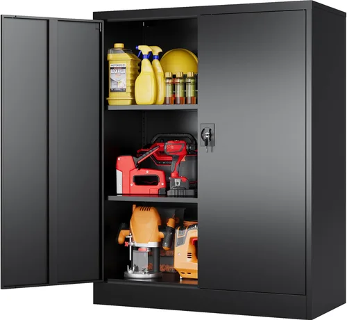 Miniatura 9 de SISESOL Armario de almacenamiento de metal con cajón y cerradura, gabinete de almacenamiento de metal negro con puertas de bloqueo y estantes