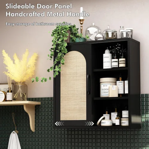 Miniatura 6 de RUSTOWN Armario de pared de ratán bohemio, gabinete de baño de mediados de siglo con puerta corredera, estantes ajustables, armario de Negro