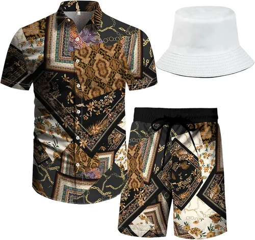 RPOVIG Conjunto de 2 piezas con sombrero de pescador para hombre, camisa a juego, pantalones cortos hawaianos para festivales florales