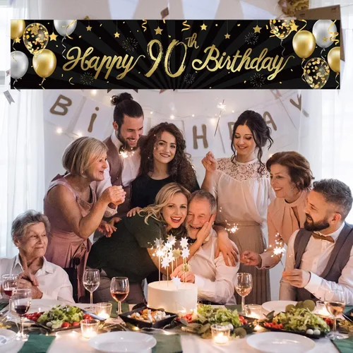 Miniatura 4 de Cartel de feliz cumpleaños 90 para hombres y mujeres, letrero negro y dorado con purpurina de 90 años, suministros de decoración de fiesta