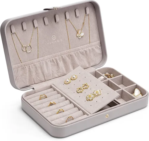 Vlando Joyero de viaje para mujer, caja organizadora de joyas de cuero portátil para collares, aretes, anillos, pulseras, tamaño pequeño, regalos