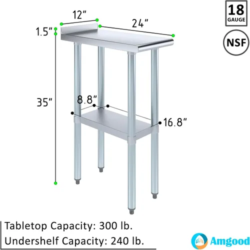 Miniatura 3 de AmGood Mesa de trabajo de acero inoxidable de 24 pulgadas x 12 pulgadas con protector contra salpicaduras de 1.5 pulgadas Mesa de preparación
