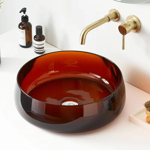 Miniatura 9 de Cpingao Fregadero de baño redondo de resina de piedra transparente de 17.7 pulgadas, lavabo sobre encimera con drenaje desplegable (negro)
