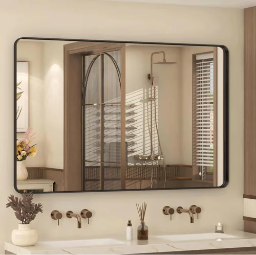 Miniatura 57 de Paquete de 2 espejos de baño con marco de metal negro de 22 x 30 pulgadas, espejo rectangular redondeado negro mate, antioxidante, se cuelga