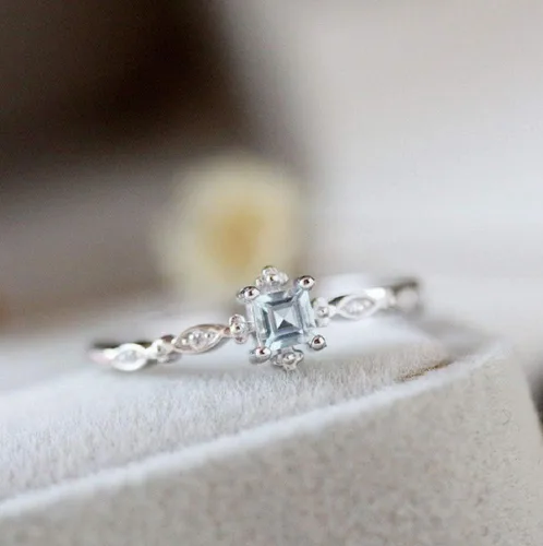 Miniatura 4 de Wenbin Anillo de moda de plata de ley 925 con topacio de cristal azul aguamarina, anillo de compromiso pequeño y fresco de boda, anillos de promesa