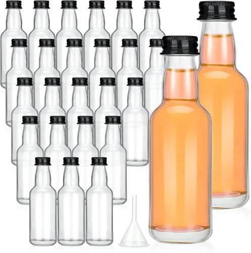 Didaey 24 botellas pequeñas de licor de vidrio con tapas, pequeñas botellas de vino vacías reutilizables con tapa de rosca negra de aluminio para