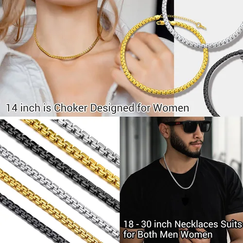 Miniatura 2 de PROSTEEL Stylish Stainless Steel Flat Box Chain Necklace, SilverGoldBlack Tone, Nickel-Free, Hypoallergenic Jewelry, 14-30, Come Gift Box