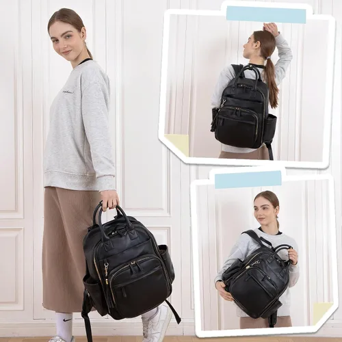 Miniatura 2 de Omanmoli Mochila para pañales, bolsa de bebé de cuero con 16 bolsillos, mochila grande para pañales de viaje, organizador esencial para bebé, 4 Negro