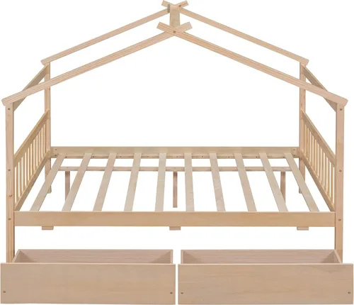 Miniatura 9 de Bellemave Cama de casa de tamaño matrimonial para niños, marco de plataforma Montessori con 2 cajones, cabecera y estribo, almacenamiento de madera