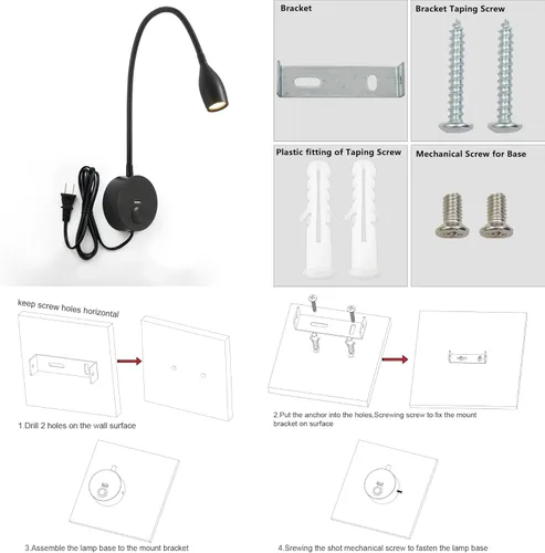 Miniatura 6 de Luz LED de lectura de pared con puerto de carga USB, interruptor regulable táctil, lámpara de noche de cuello de cisne, brazo flexible, 3 W