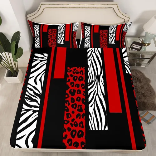 Miniatura 5 de Sábana bajera ajustable con estampado de leopardo, tamaño individual, juego de ropa de cama rústica con rayas de piel de cebra, decoración