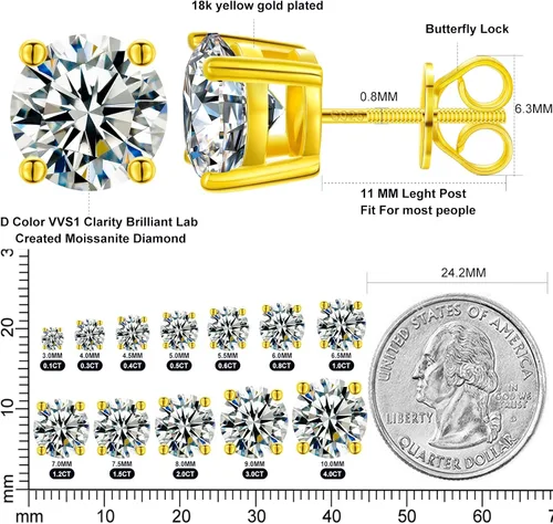 Miniatura 4 de Moissanite Stud Earrings Screw Back 0.2CT-8.0CT 18K White Yellow Gold Plated S925 Sterling Silver Round Cut D Color VVS1 Clarity Lab Created