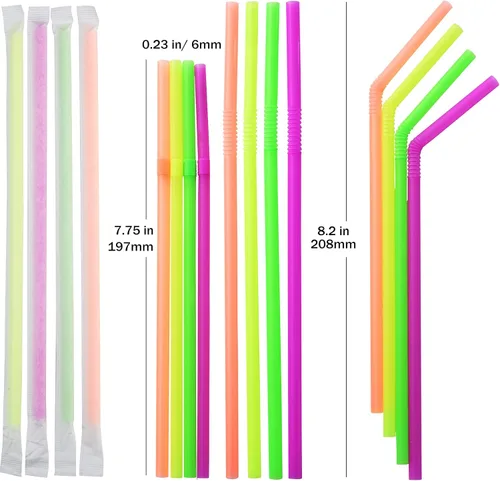 Miniatura 2 de ALINK 1000 popotes de plástico flexible de neón, envueltos individualmente, popotes flexibles desechables, 7.75 x 0.23 pulgadas