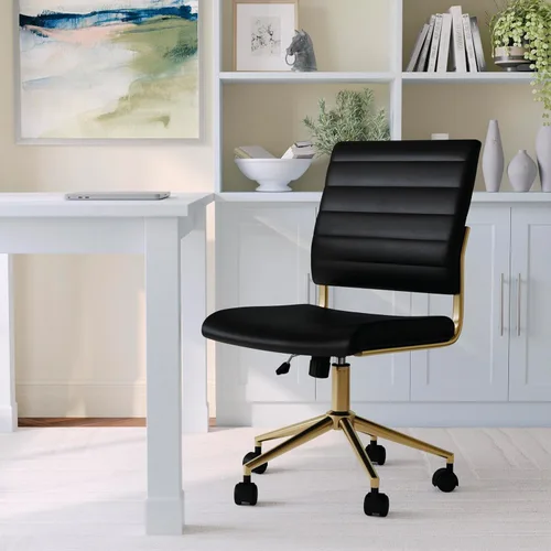 Miniatura 2 de Martha Stewart Ivy - Silla giratoria sin brazos para oficina en casa en piel sintética negra con marco de latón pulido
