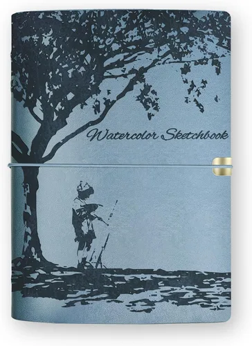 Cuaderno de bocetos de acuarela, diario de acuarela de cuero, 9.06 x 6.69 pulgadas, 140 libras/300 GSM, 24 hojas, 48 páginas, papel de acuarela 100%