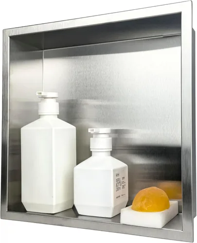 Miniatura 12 de Nicho de ducha empotrado de 24 x 12 pulgadas con estantes dobles, inserto de pared de acero inoxidable negro mate, no necesita azulejos