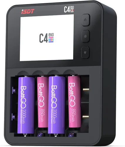 ISDT C4 EVO Probador de capacidad de cargador de batería rápido para AA AAA 18650 21700, analizador de batería inteligente para baterías recargables
