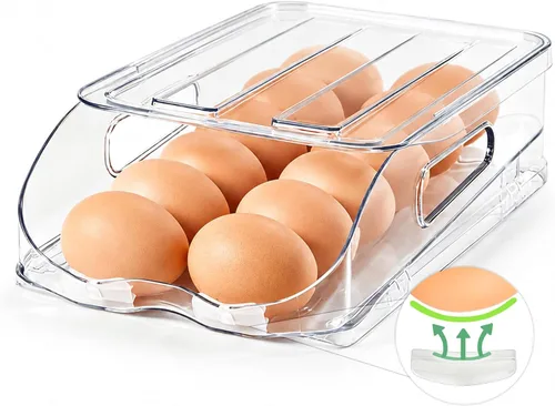 SMRCAD Soporte para huevos para refrigerador, contenedor de huevos rodante automático con parachoques suaves y asa para refrigerador, organizadores