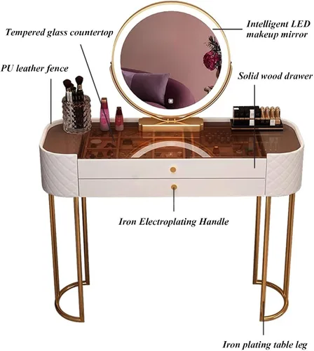 Miniatura 6 de Escritorio de tocador con espejo de luces regulables, mesa de tocador de maquillaje con 2 cajones y mesa de cristal, juego de mesa de tocador