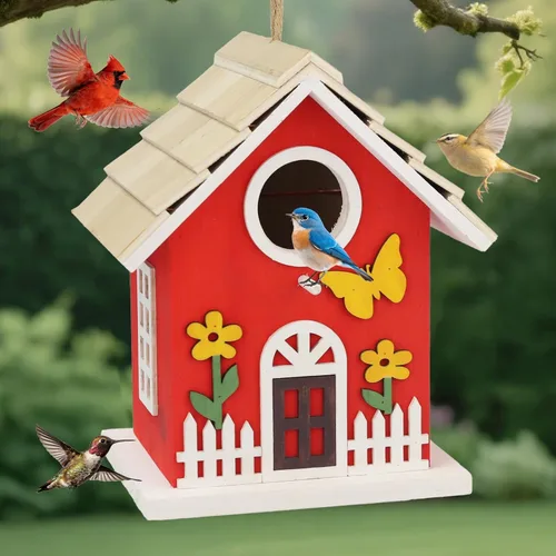 Miniatura 11 de Casas de madera para pájaros para exteriores, casa de pájaros de madera amarilla para exteriores, tulipanes pintados a mano, casas de pájaros