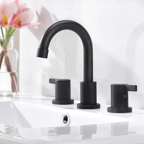 Miniatura 2 de Phiestina - Grifo de baño de 8 pulgadas, 3 agujeros, arco bajo, 2 manijas, extendido con válvula y montaje de drenaje desplegable de metal, negro