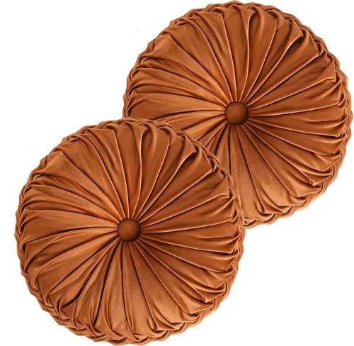 Miniatura 12 de HIG - Juego de 2 almohadas decorativas redondas plisadas, almohadas de calabaza de acento elegantes con botón central, almohadas de suelo