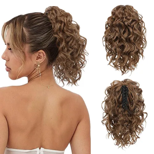 Miniatura 26 de Flufymooz Extensión de cola de caballo, extensión de cola de caballo corta de 12 pulgadas con pinza de garra, cabello ondulado rizado, clip