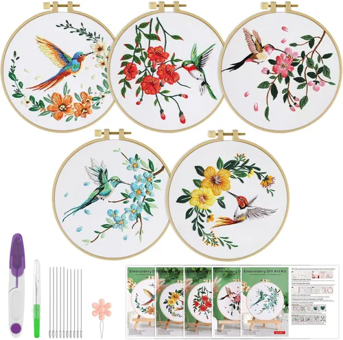 Miniatura 13 de ERKOON 5 Kits de Bordado para Principiantes, Juego de Costura Manual de Manualidades Kit de Inicio de Punto de Cruz de Hongos, Kits de Bordado DIY