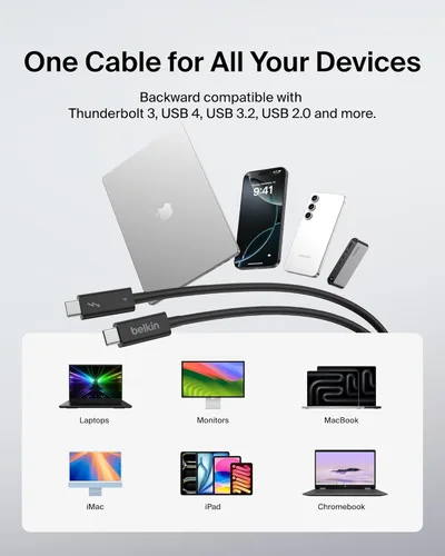 Miniatura 7 de Belkin Cable Thunderbolt 4 (6.6 ft, cable de alimentación de 6.6 pies), cable USB-C a USB-C con entrega de energía de 100 W, compatible con USB 4