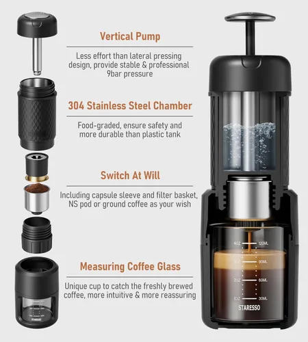 Miniatura 4 de STARESSO - Máquina portátil manual de café espresso, con espuma espesa y gruesa, minicafetera para cápsulas de café molido y Nespresso, para viajes